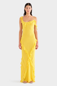 Asymmetric Low Back Silk Ruffle Dress - Yellow Gold