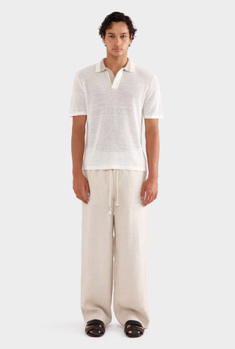 Contrast Rib Knit Open Neck Polo - Off White/taupe