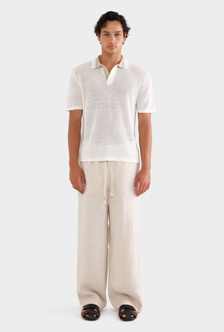 Contrast Rib Knit Open Neck Polo - Off White/taupe