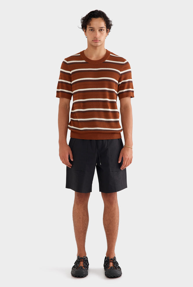 Knitted Tencel Stripe T-Shirt - Brown/Rust/Cream Stripe