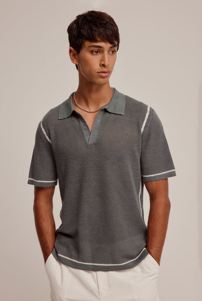 Rib Knit Open Neck Polo - Grey Lilac/Taupe