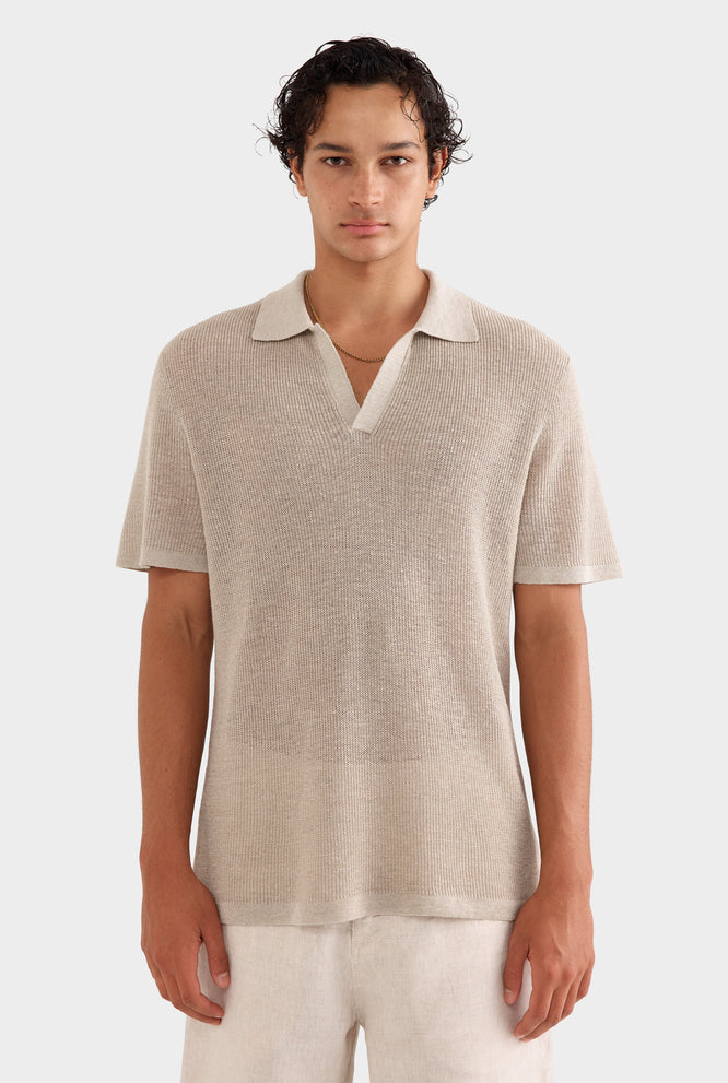 Rib Knit Open Neck Polo - Grey Lilac/Taupe