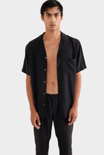 Short Sleeve Silk Camp Collar Shirt - Black