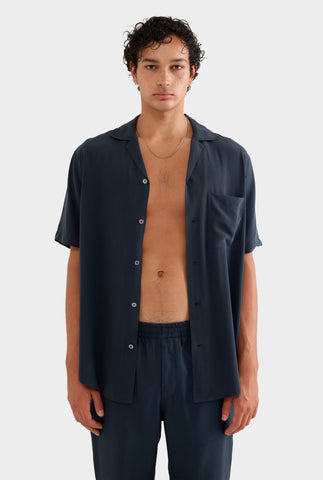 Short Sleeve Silk Camp Collar Shirt - Navy