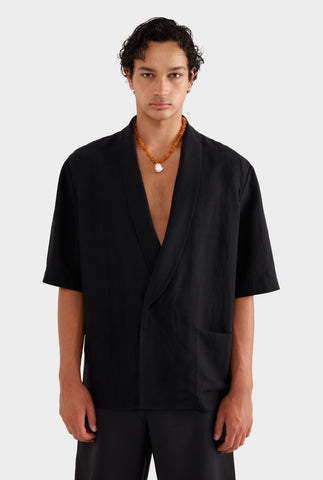 Silk Linen Relaxed Double Breasted Shirt - Black
