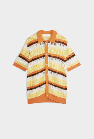 Stripe Open Stitch Knit Shirt - Lemon/Brown/Rust