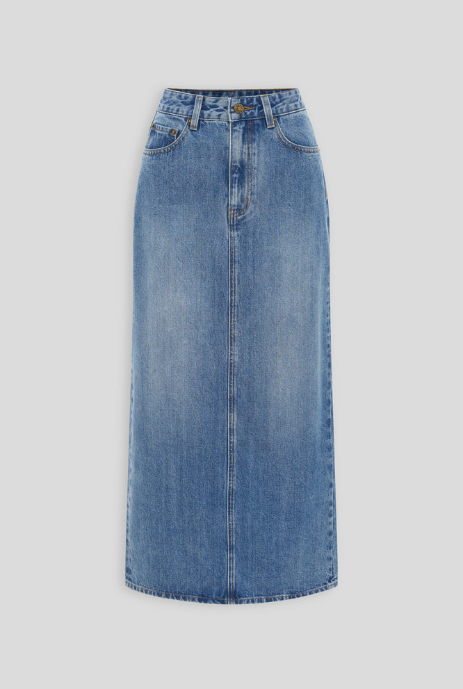 Denim Column Skirt - Mid Blue