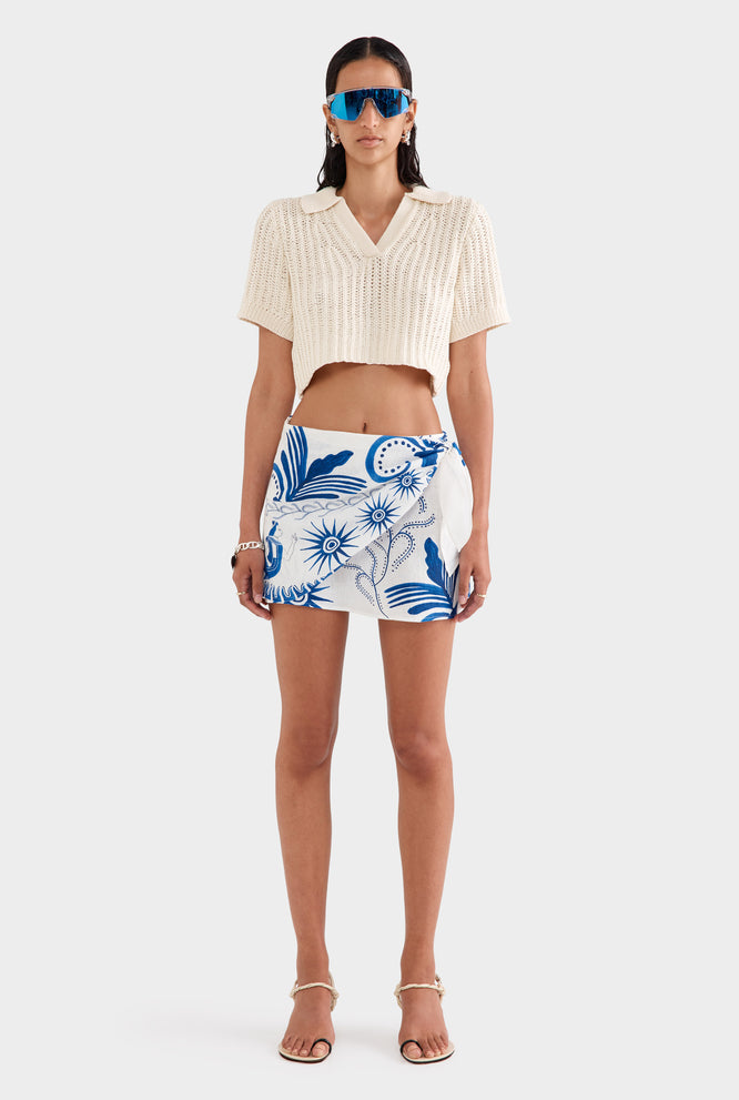Linen Tie Mini Skirt - Off White/Blue Ceramic Scene