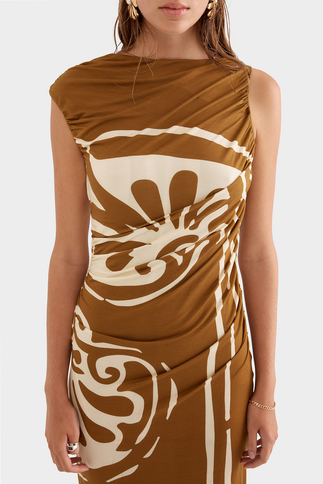 Printed Ruched Jersey Dress - Olive Tree
