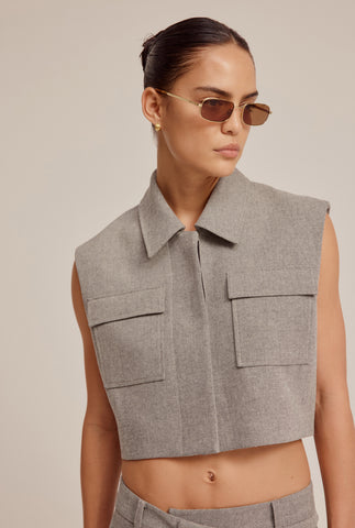 Wool Cropped Collared Vest - Grey Herringbone