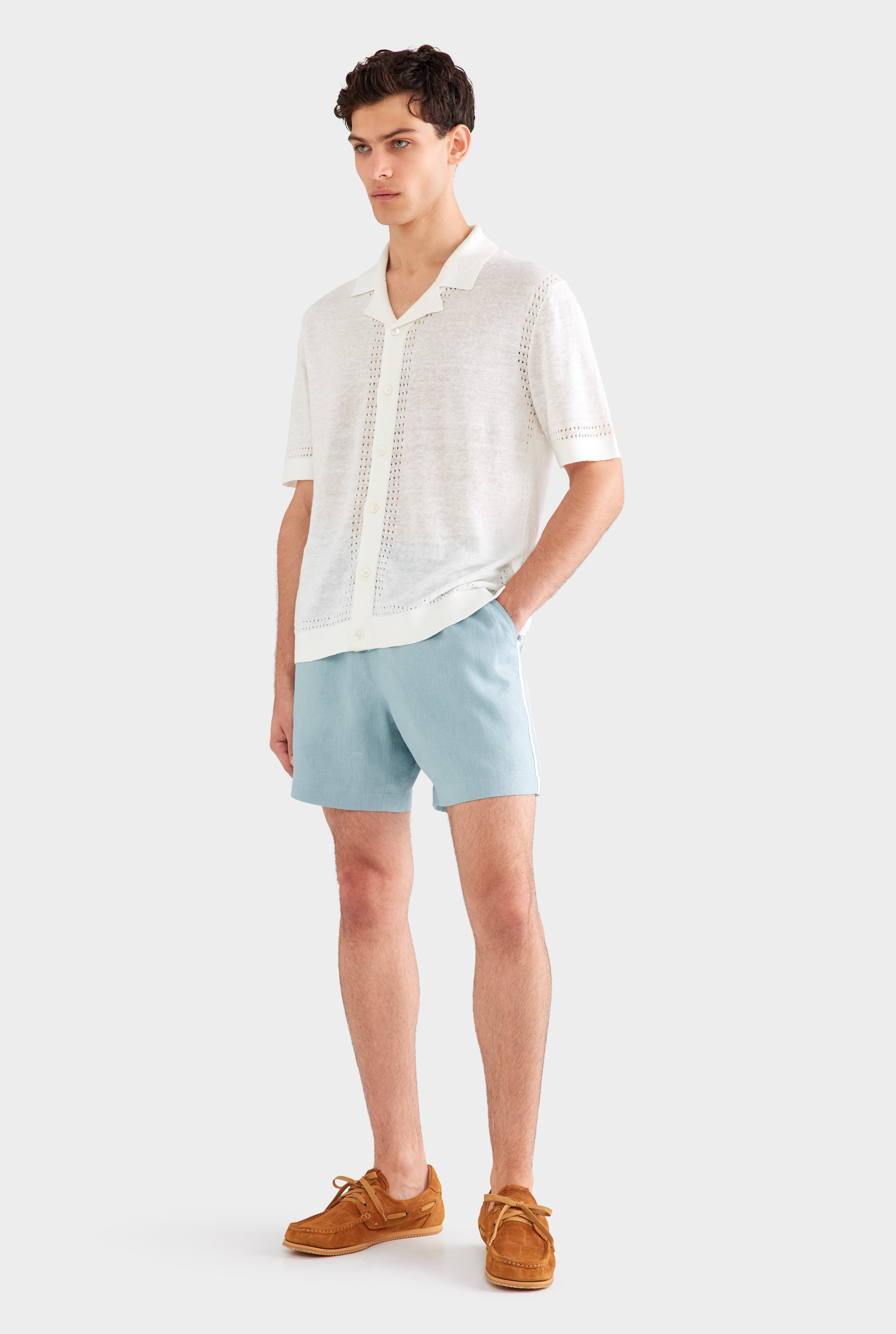 Knitted Contrast Stitch Short Sleeve Shirt - Off White