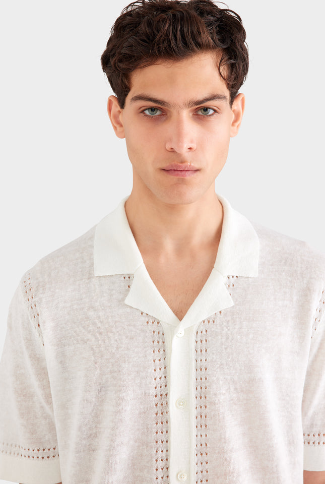 Knitted Contrast Stitch Short Sleeve Shirt - Off White