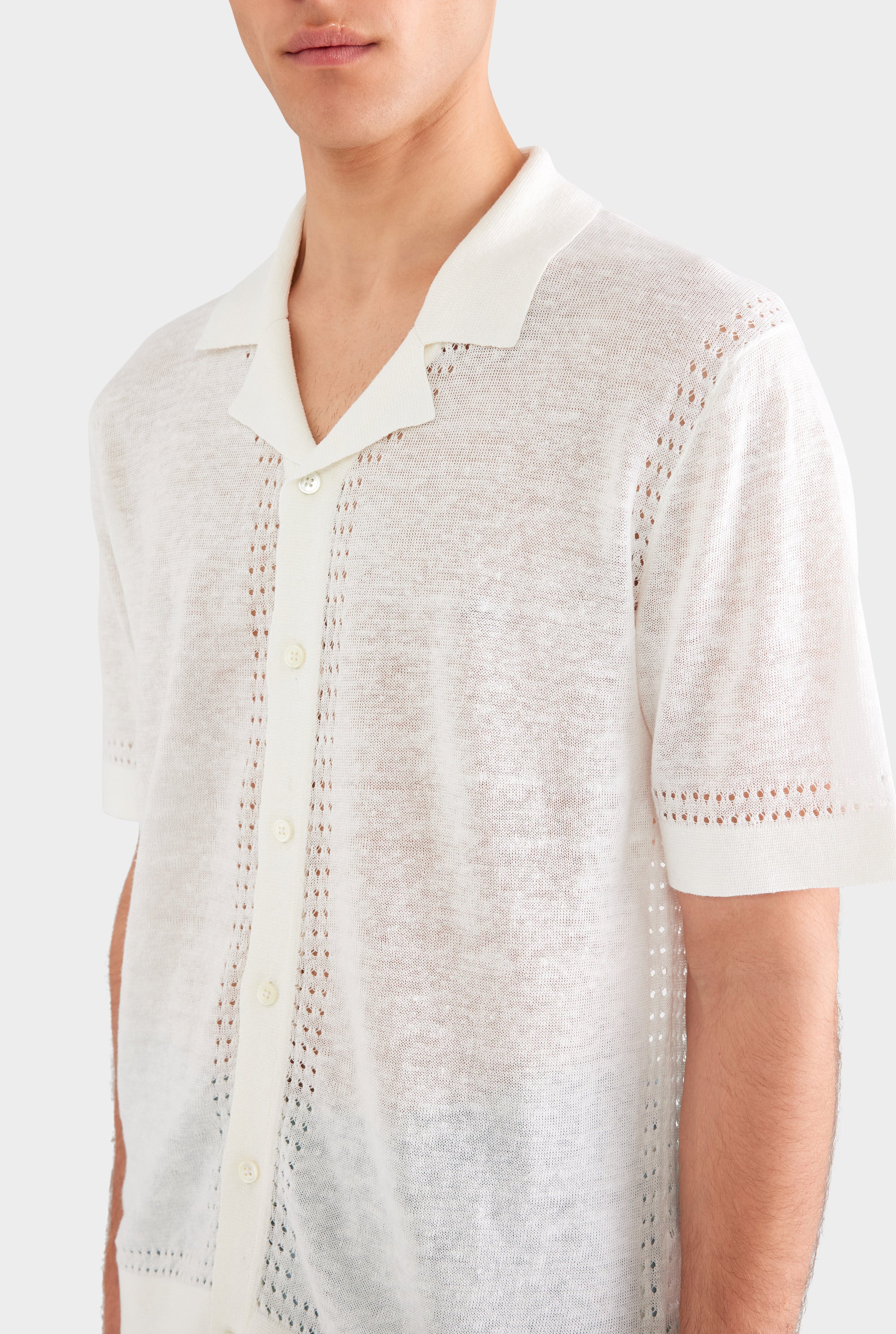 Knitted Contrast Stitch Short Sleeve Shirt - Off White