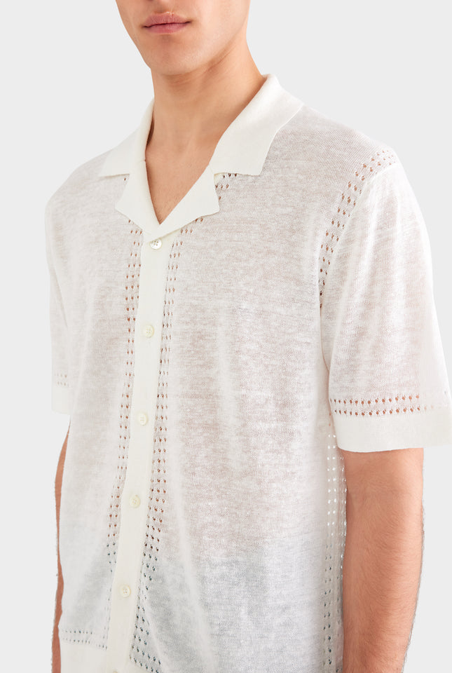 Knitted Contrast Stitch Short Sleeve Shirt - Off White