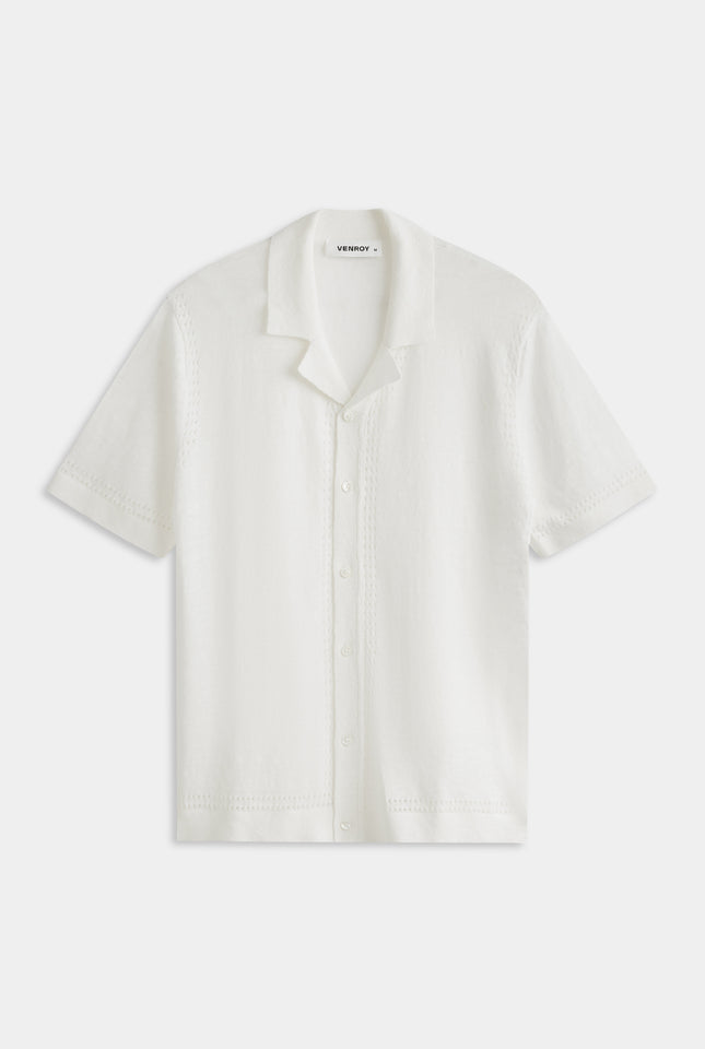 Knitted Contrast Stitch Short Sleeve Shirt - Off White