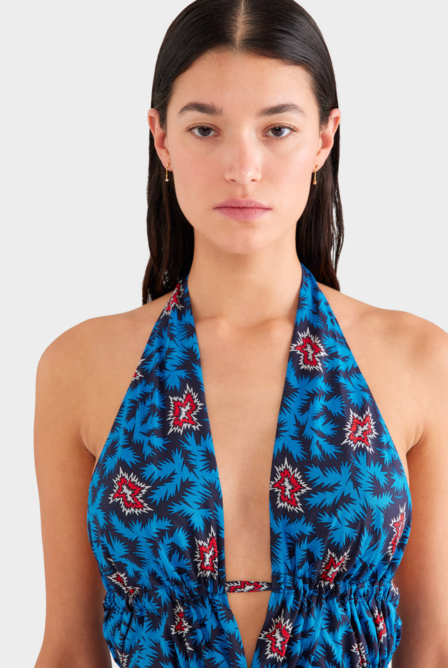 Printed Silk Halter Top - Blue/Red BAM