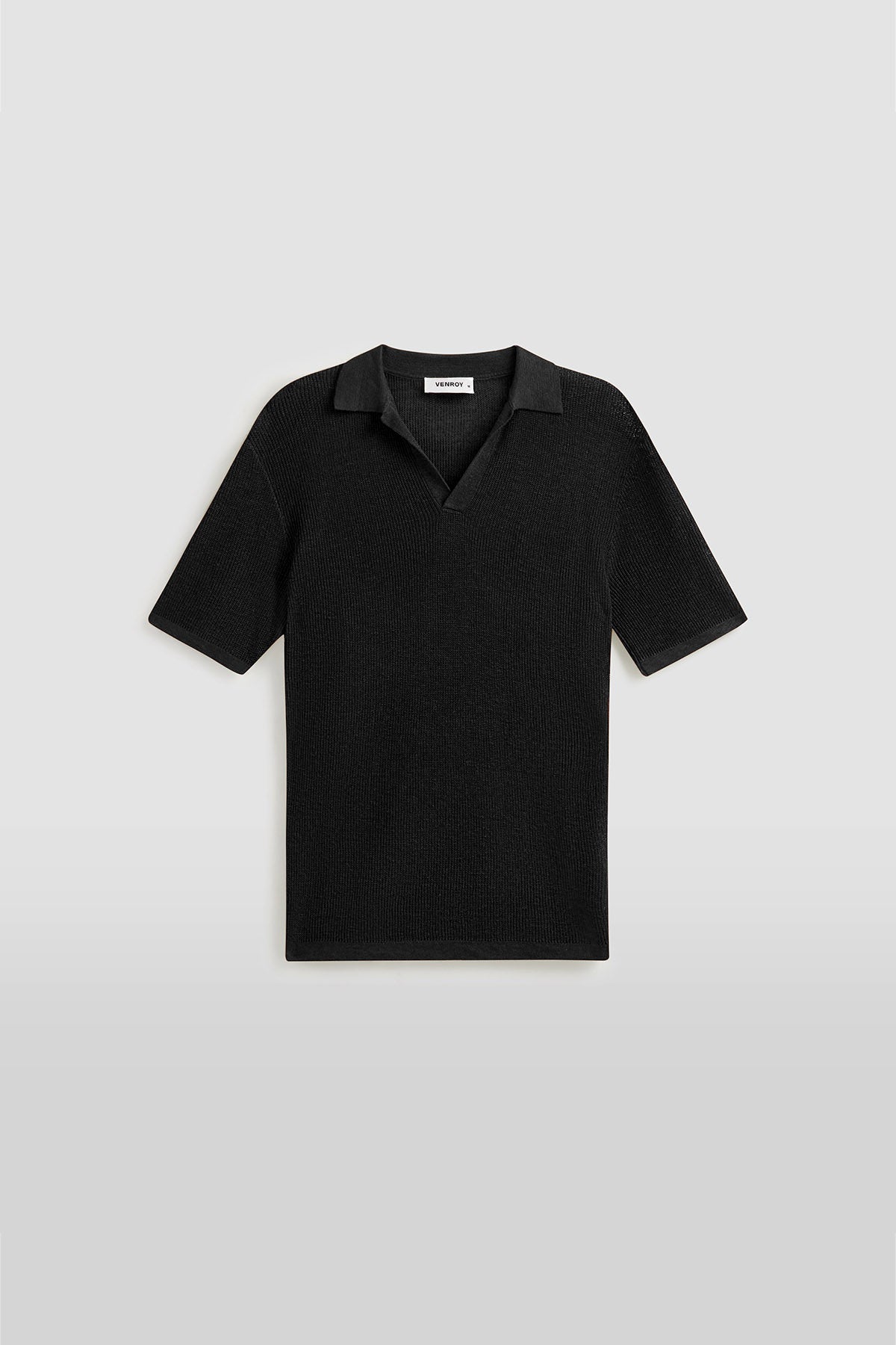 Rib Knit Open Neck Polo - Black