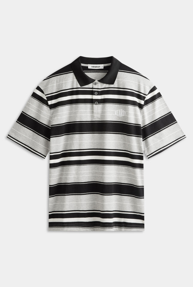 Short Sleeve Striped Cotton Polo - Grey/Black Stripe