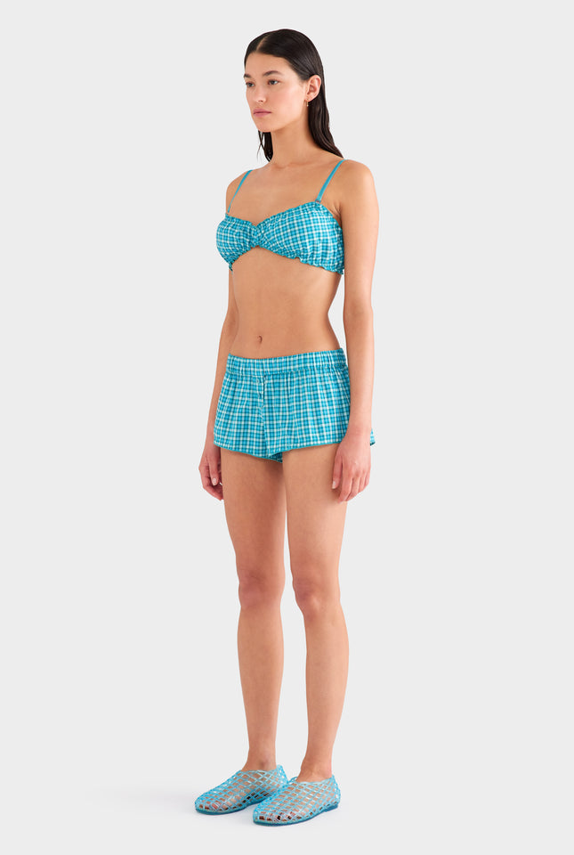 Shirred Cotton Bralette - Teal Check