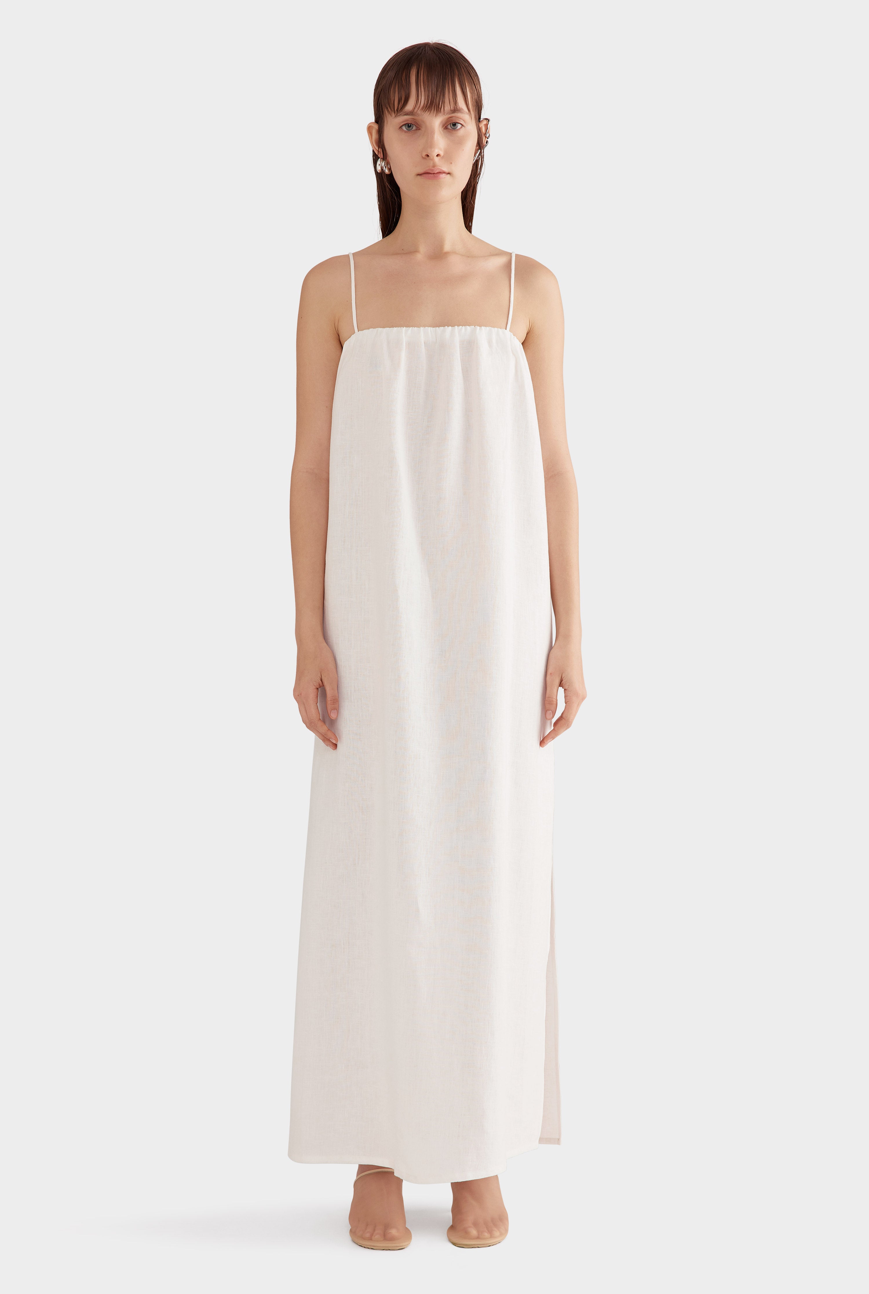 Gathered Linen Maxi Dress - Off White