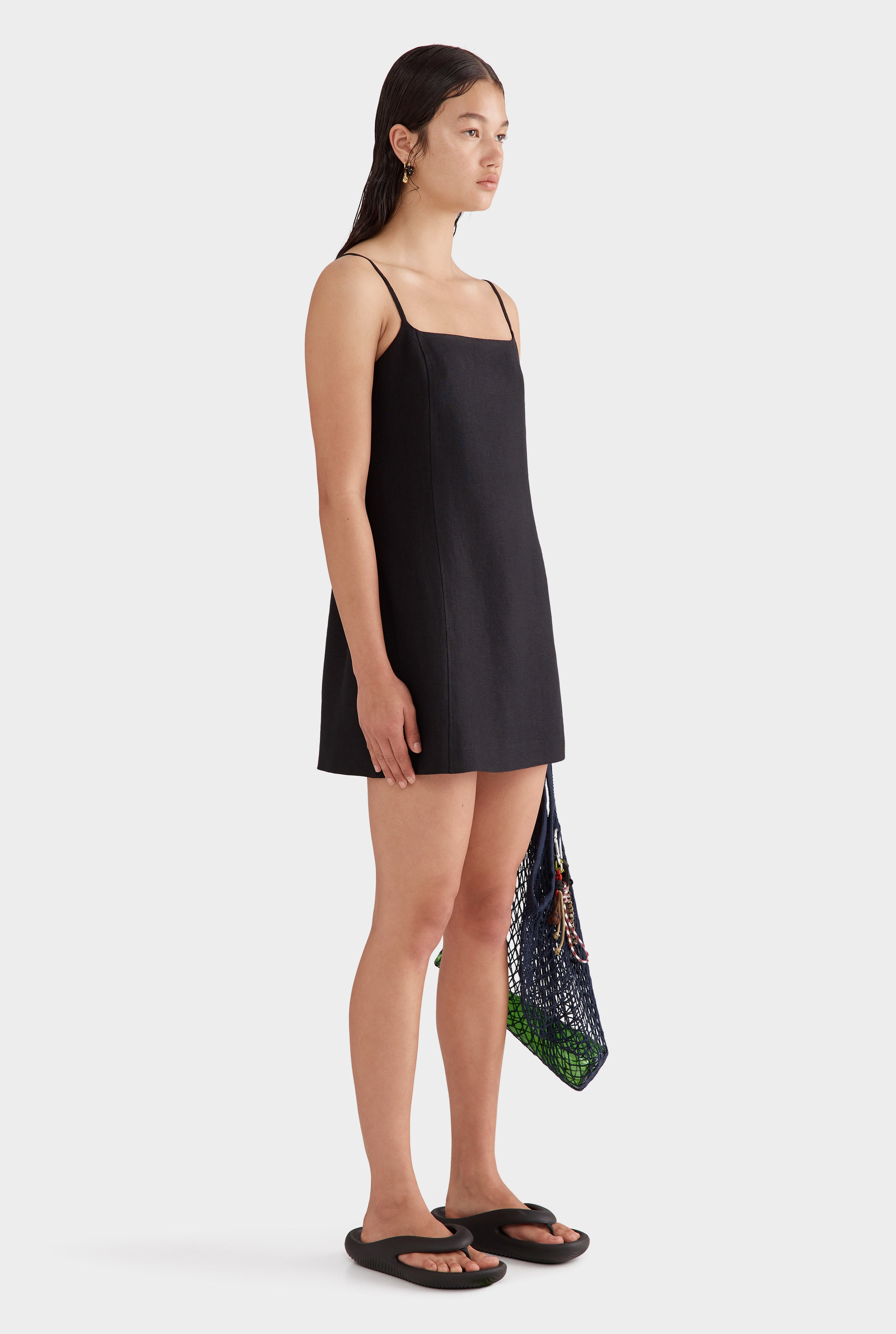 Linen Panelled Mini Dress - Black