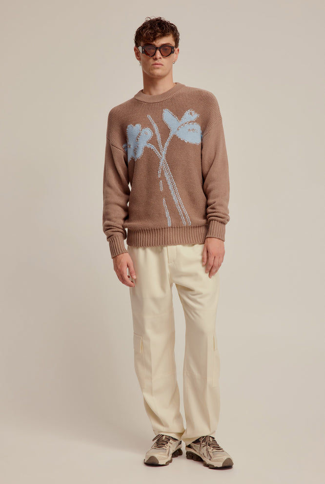 Cotton Cashmere Floral Intarsia Sweater - Brown/Blue