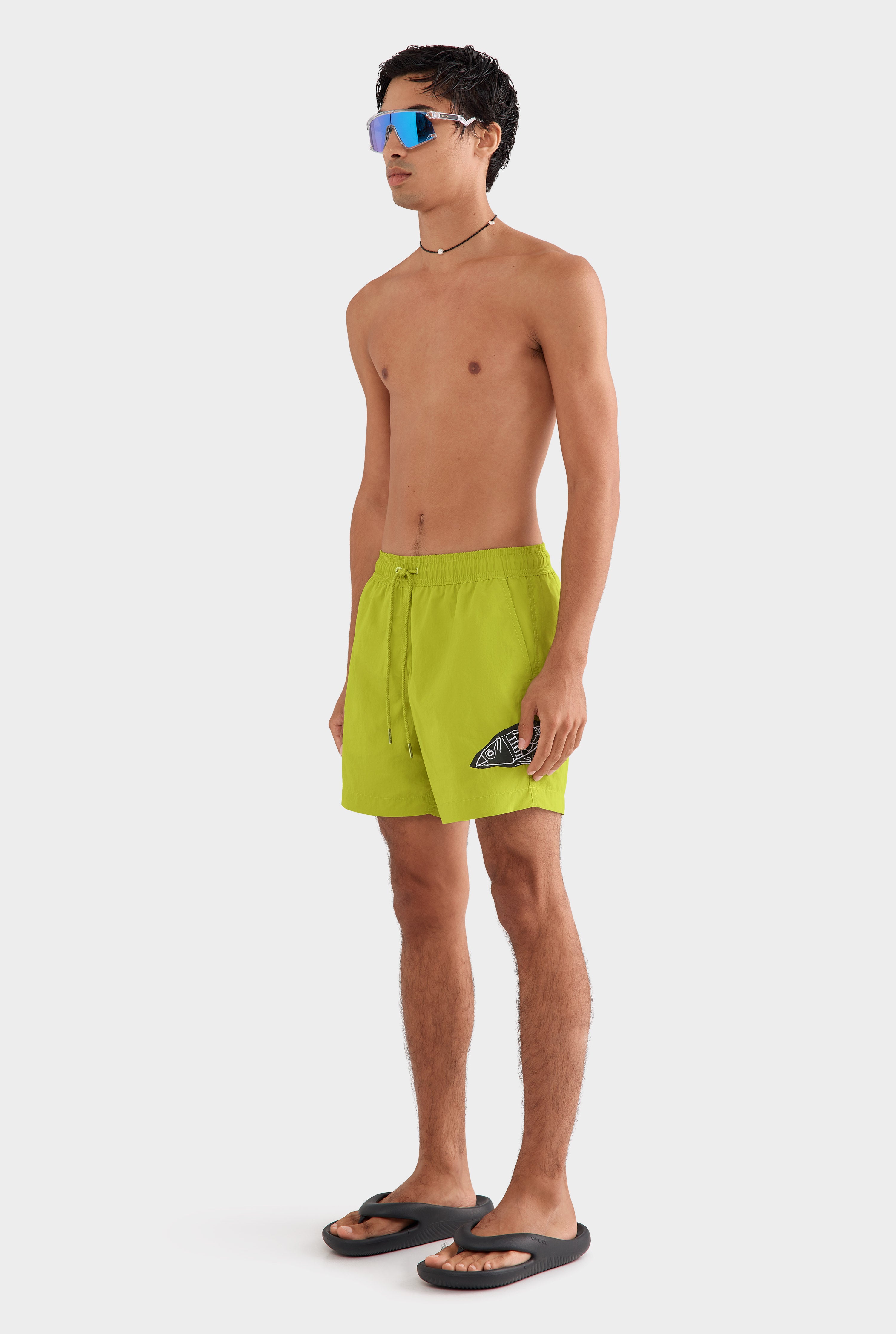 Embroidered Swim Short - Lime Lino Fish