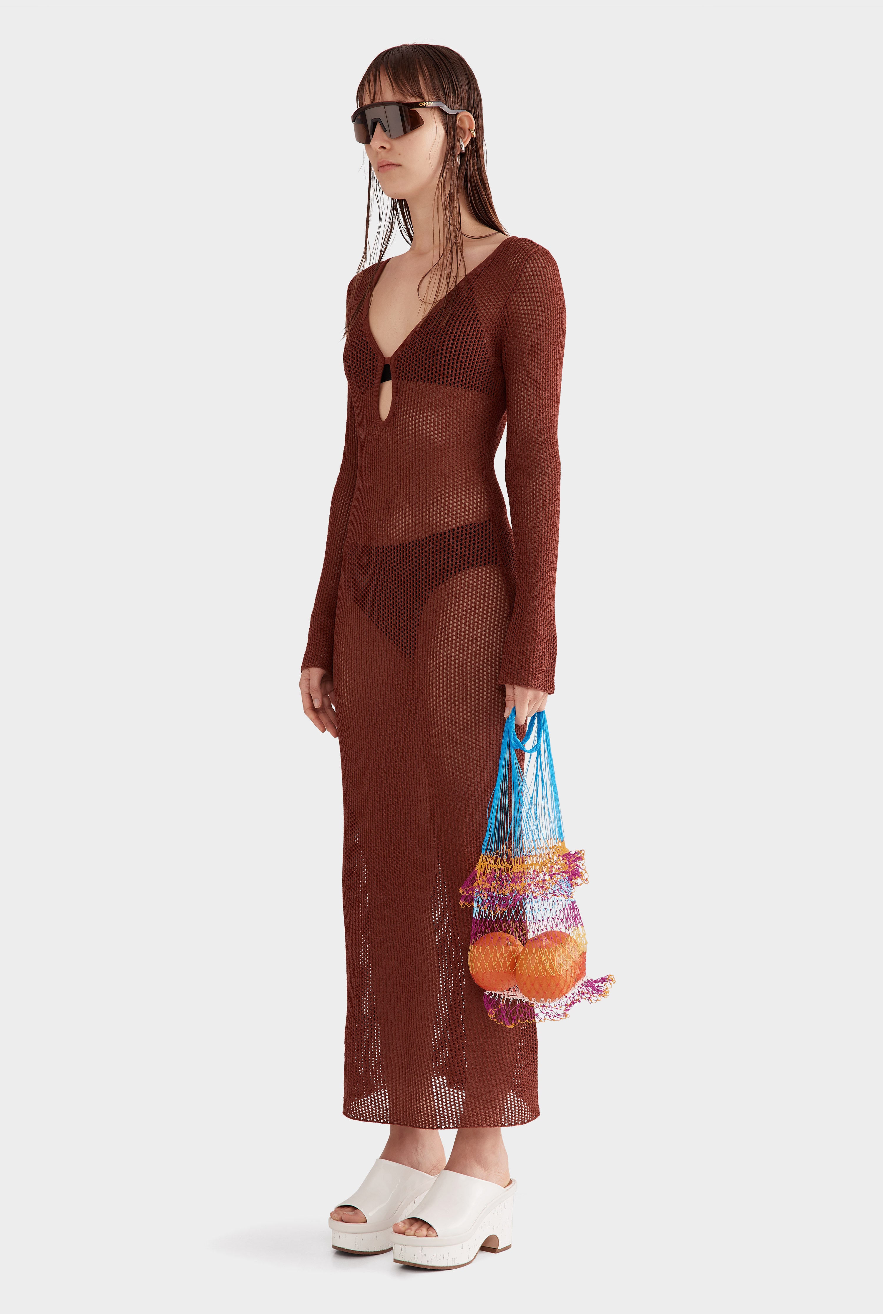 Long Sleeve Crochet Maxi Dress - Cherry Mahogany