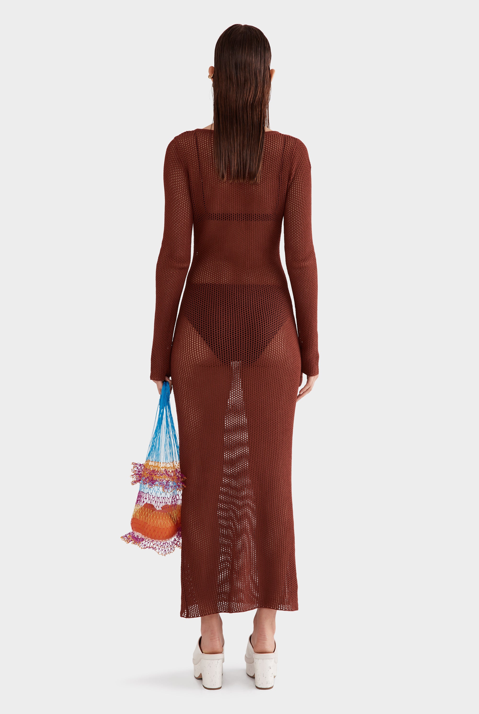 Long Sleeve Crochet Maxi Dress - Cherry Mahogany