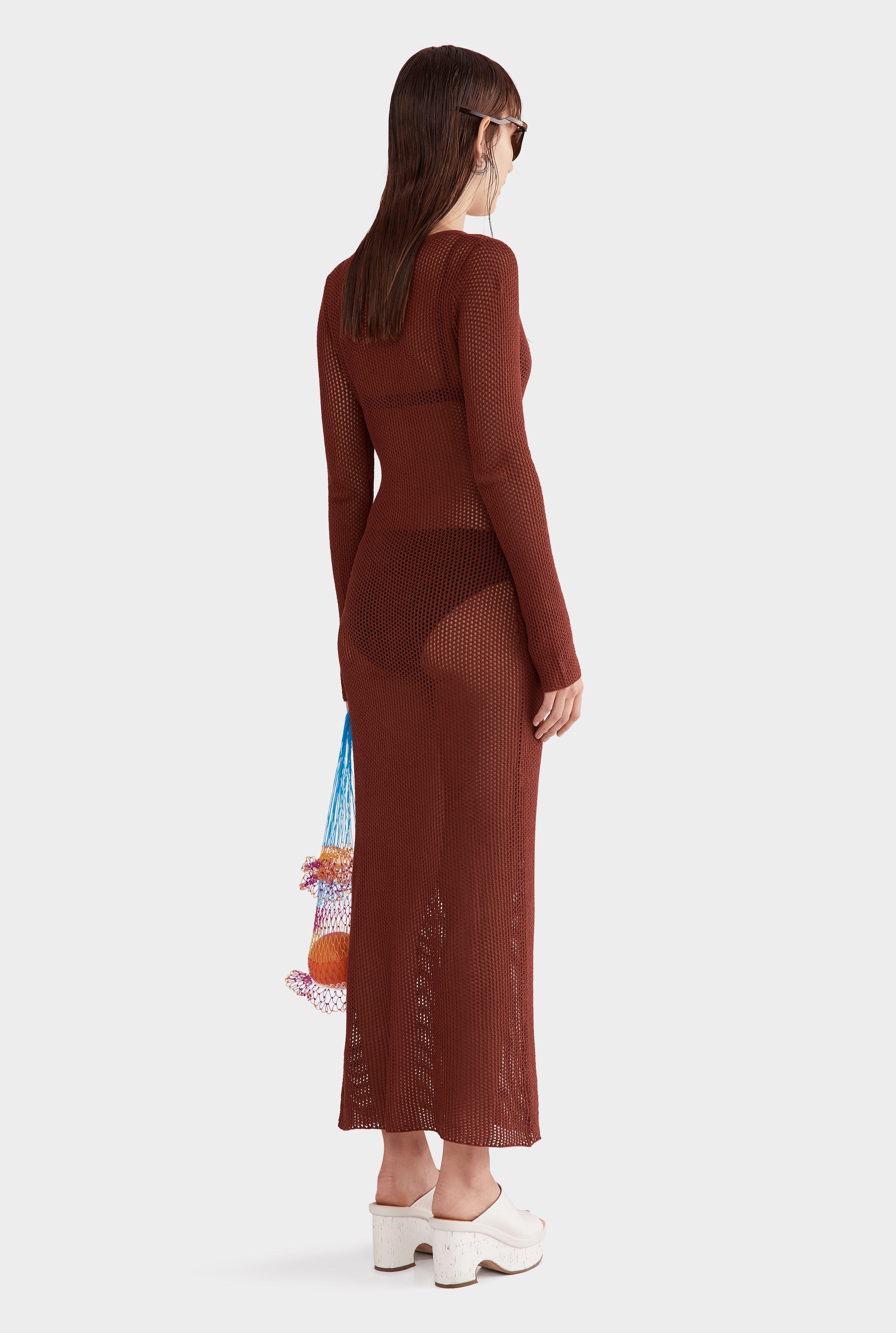 Long Sleeve Crochet Maxi Dress - Cherry Mahogany