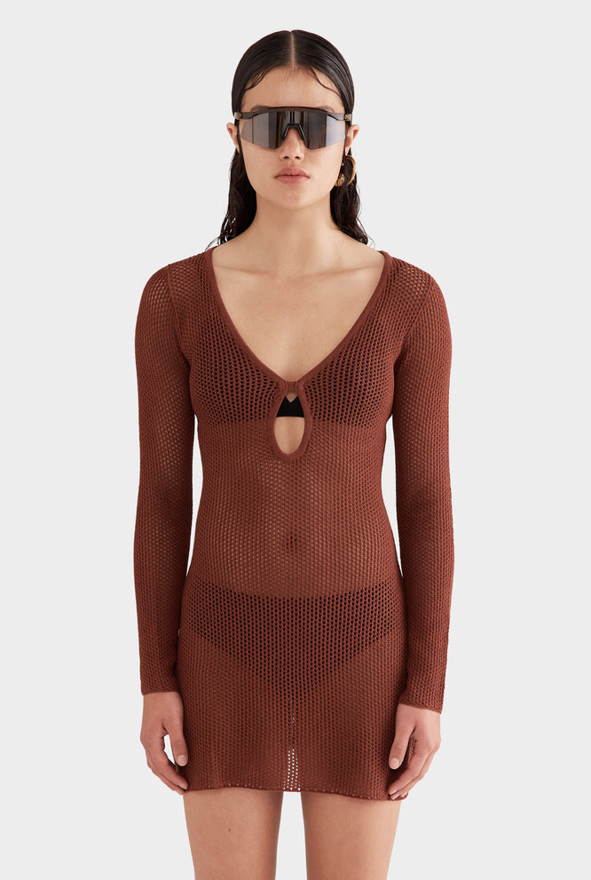 Long Sleeve Crochet Mini Dress - Cherry Mahogany