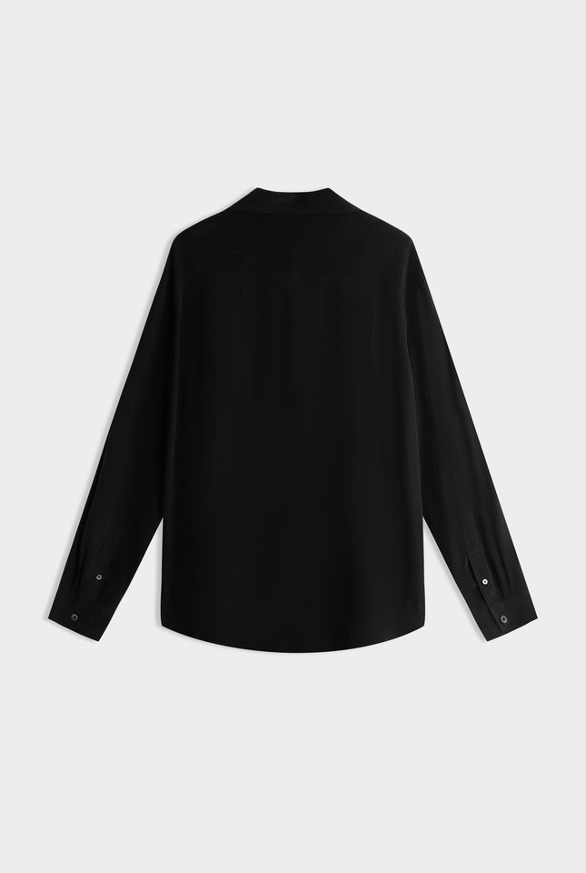Long Sleeve Silk Curved Hem Camp Collar Shirt - Black