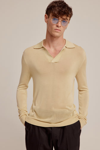Long Sleeve Silk Knitted Open Neck Polo - Pale Straw