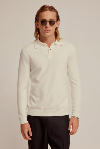 Long Sleeve Boucle Knit Polo - Antique White