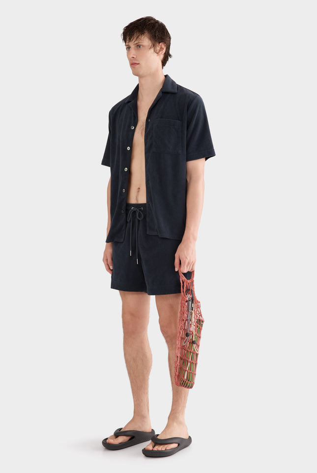 Flat Hem Terry Camp Collar Shirt - Navy