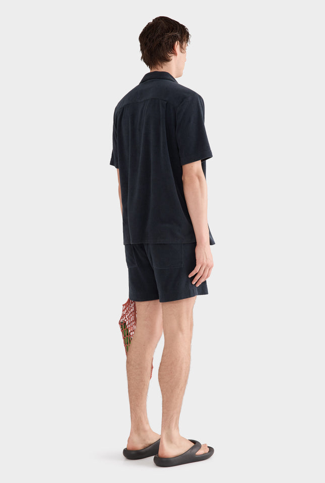 Flat Hem Terry Camp Collar Shirt - Navy