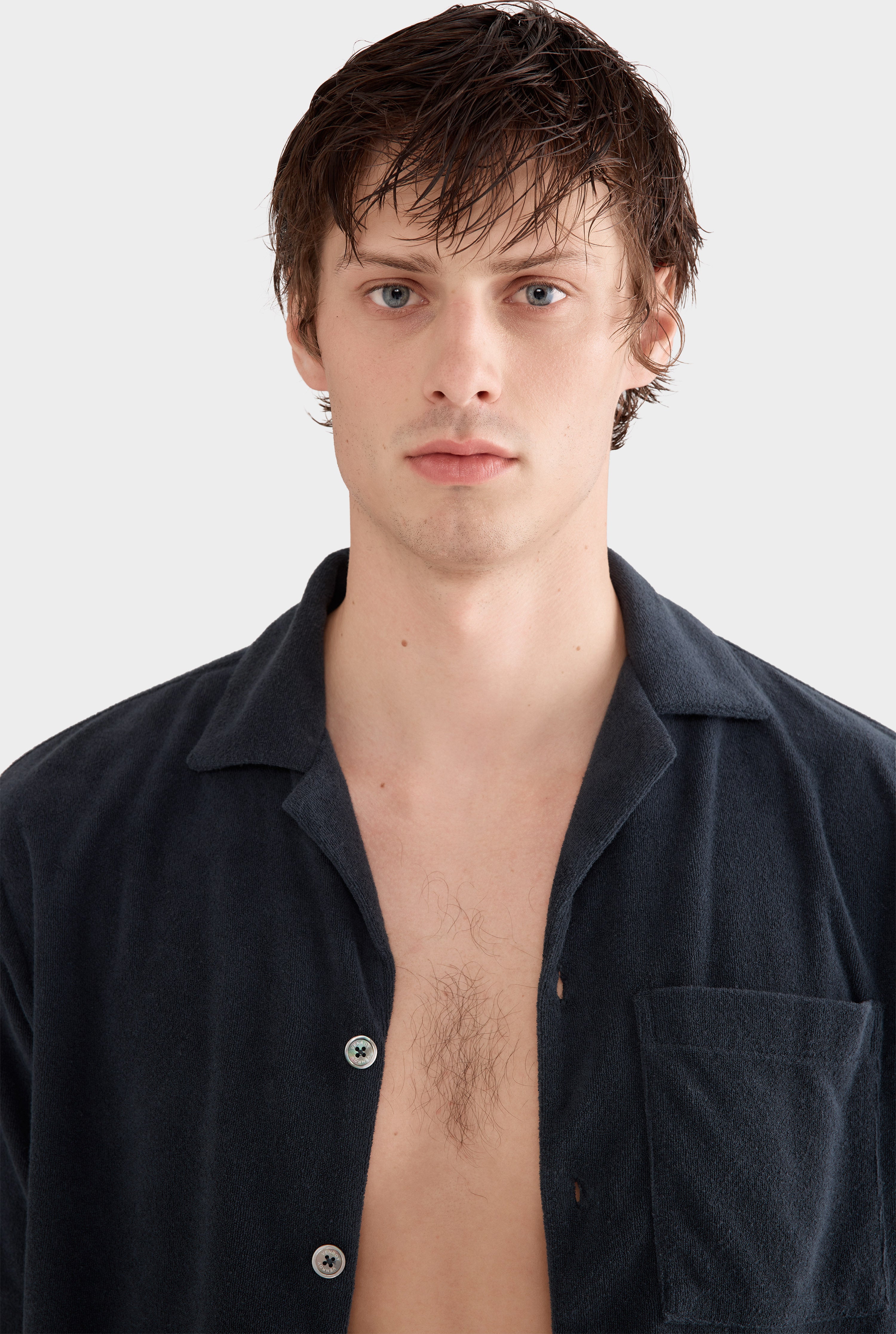 Flat Hem Terry Camp Collar Shirt - Navy