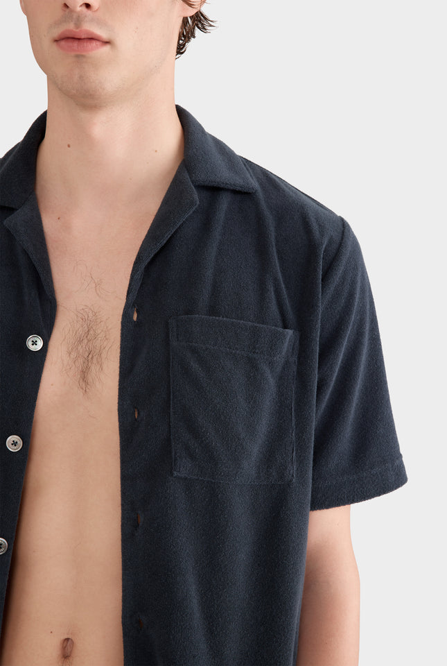Flat Hem Terry Camp Collar Shirt - Navy