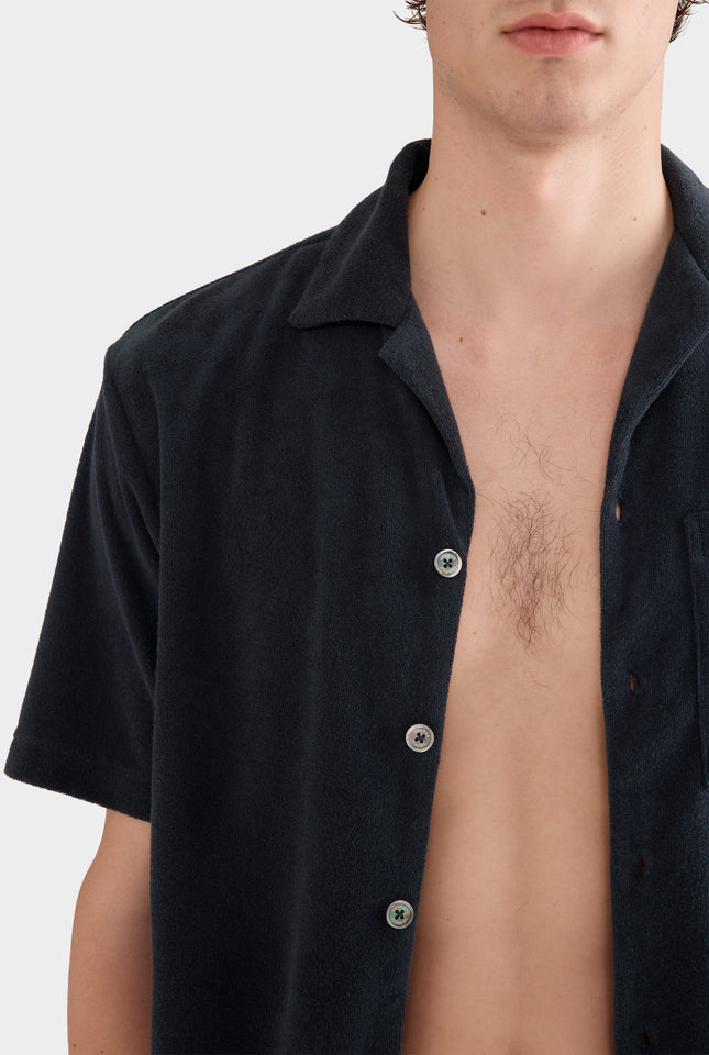 Flat Hem Terry Camp Collar Shirt - Navy