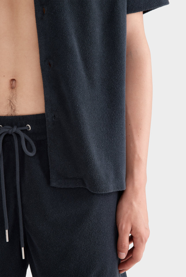 Flat Hem Terry Camp Collar Shirt - Navy