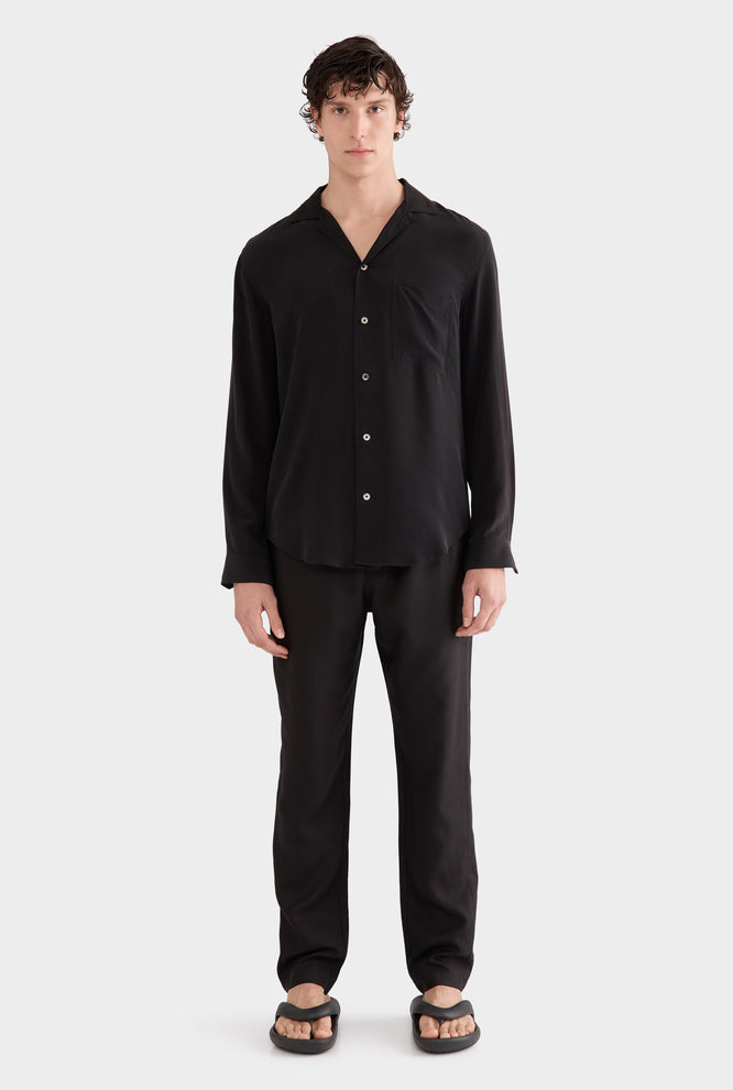 Long Sleeve Silk Curved Hem Camp Collar Shirt - Black