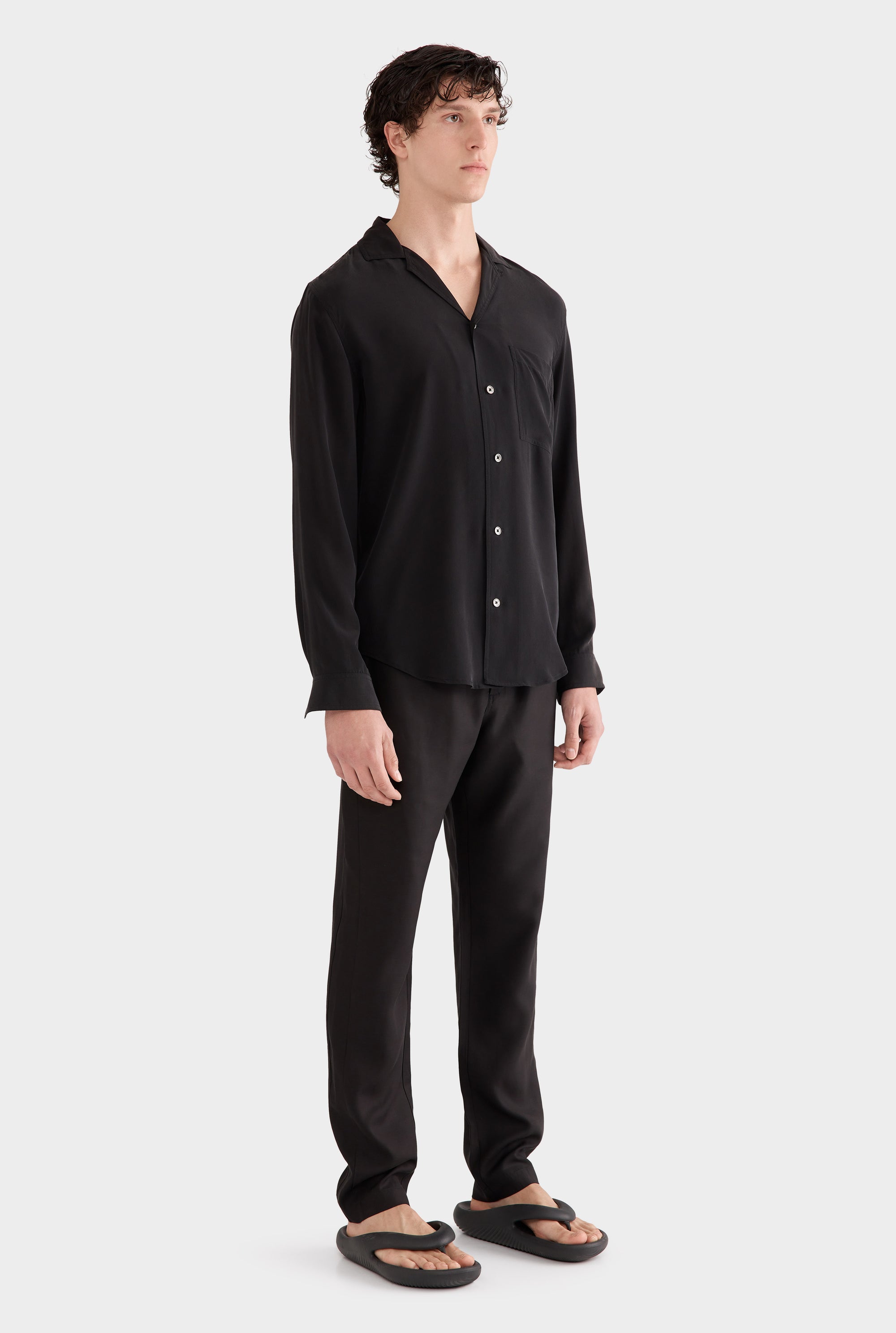 Long Sleeve Silk Curved Hem Camp Collar Shirt - Black