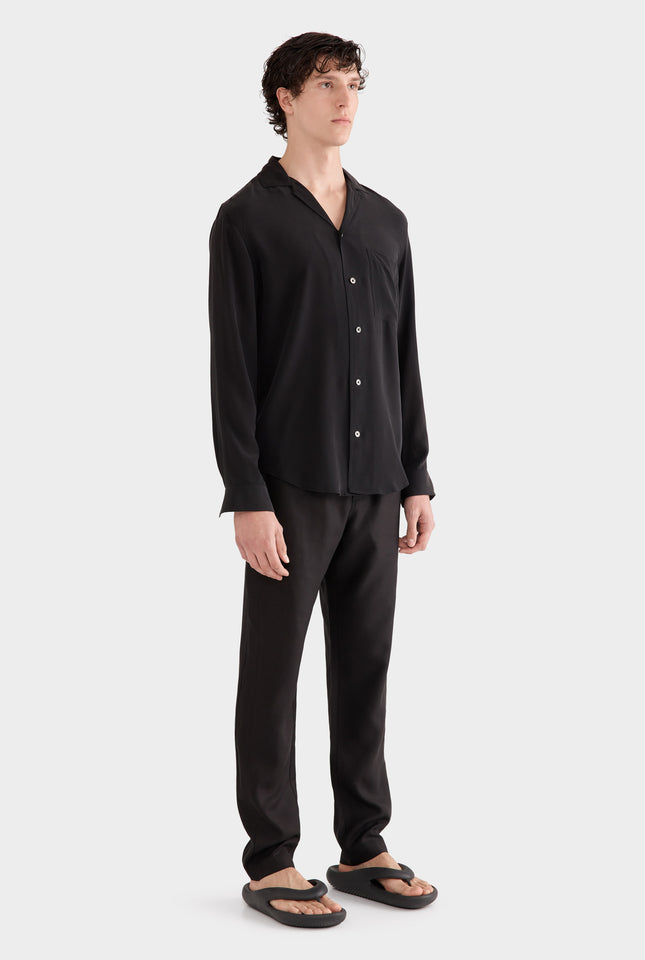 Long Sleeve Silk Curved Hem Camp Collar Shirt - Black