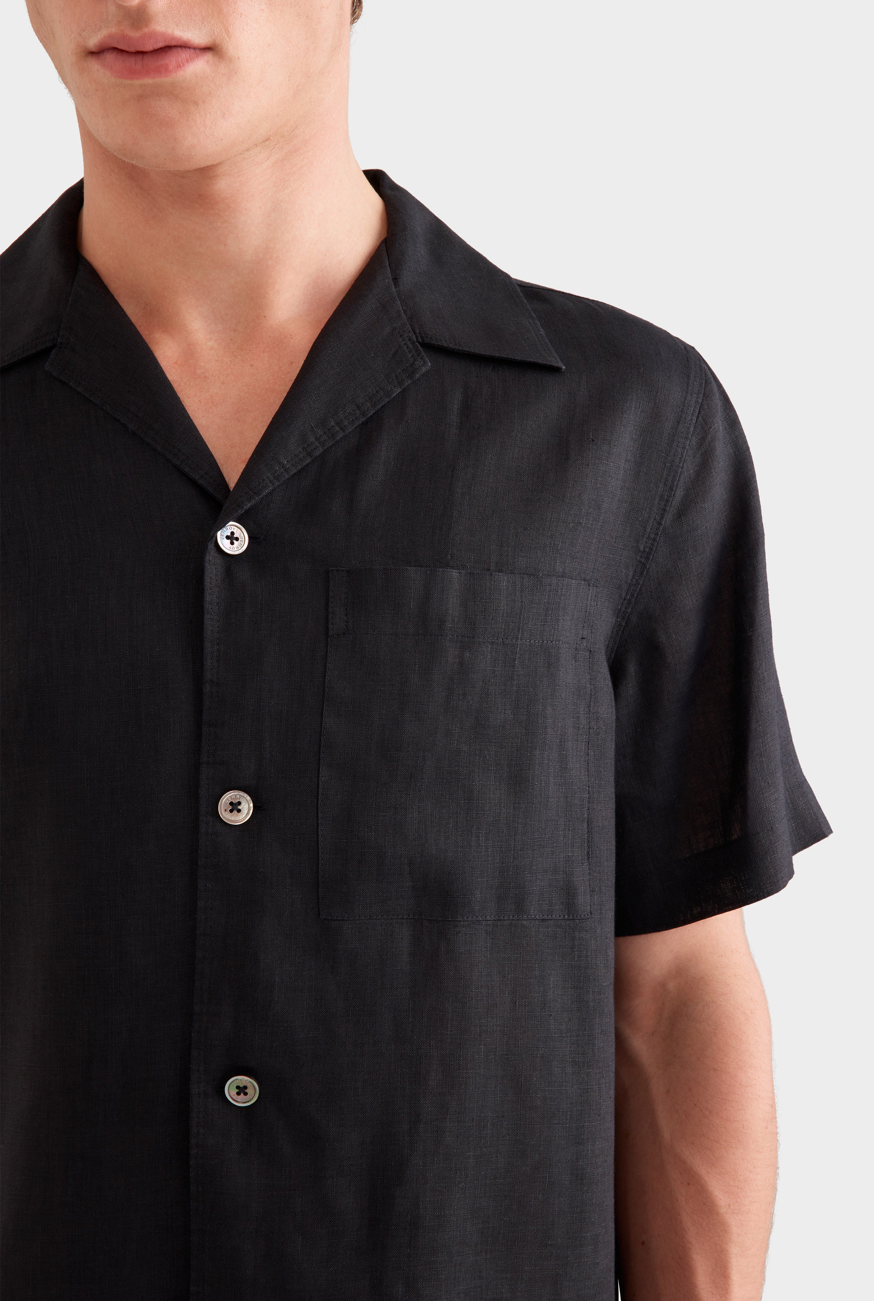 Short Sleeve Linen Camp Collar Shirt - Black