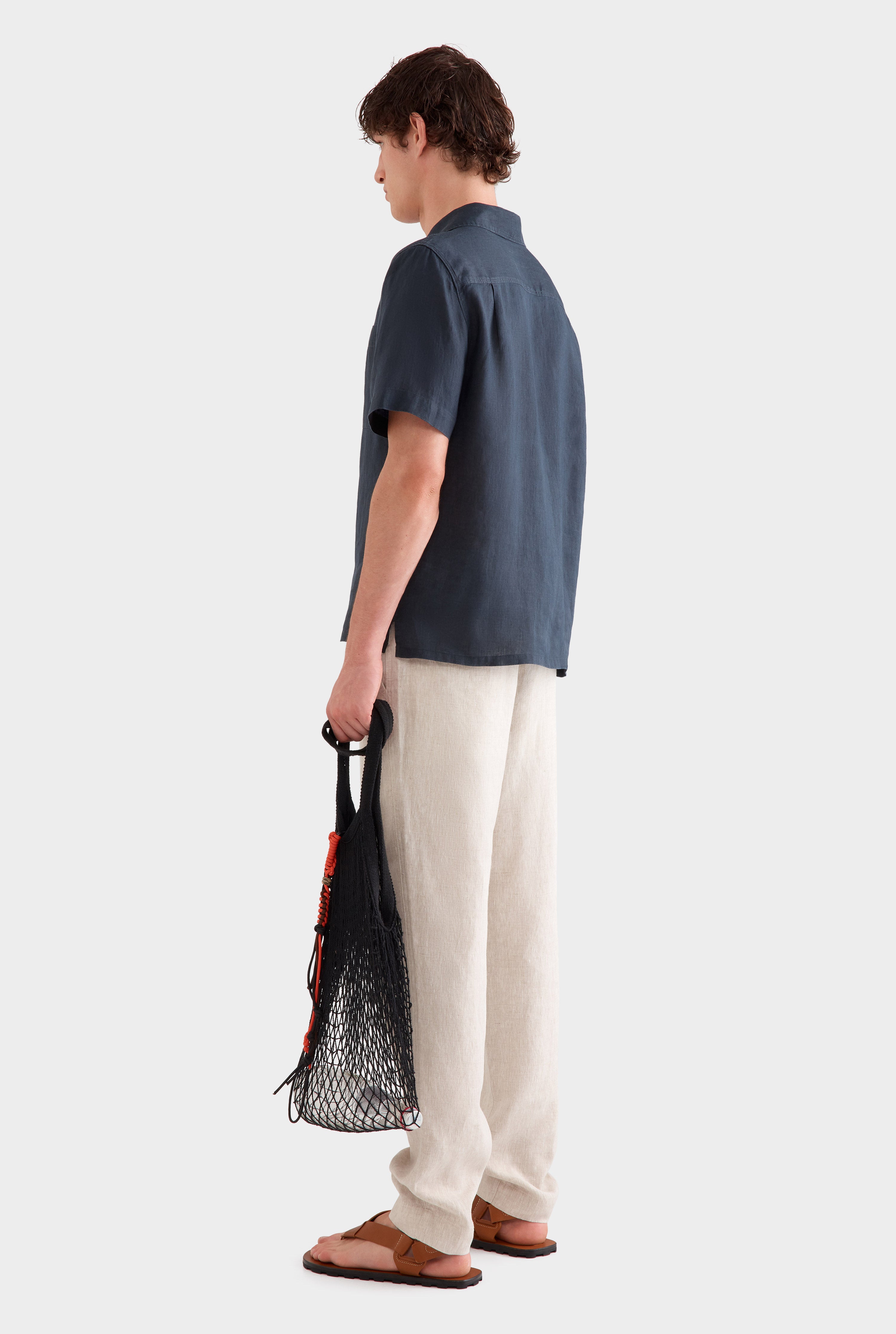 Short Sleeve Linen Camp Collar Shirt - Navy