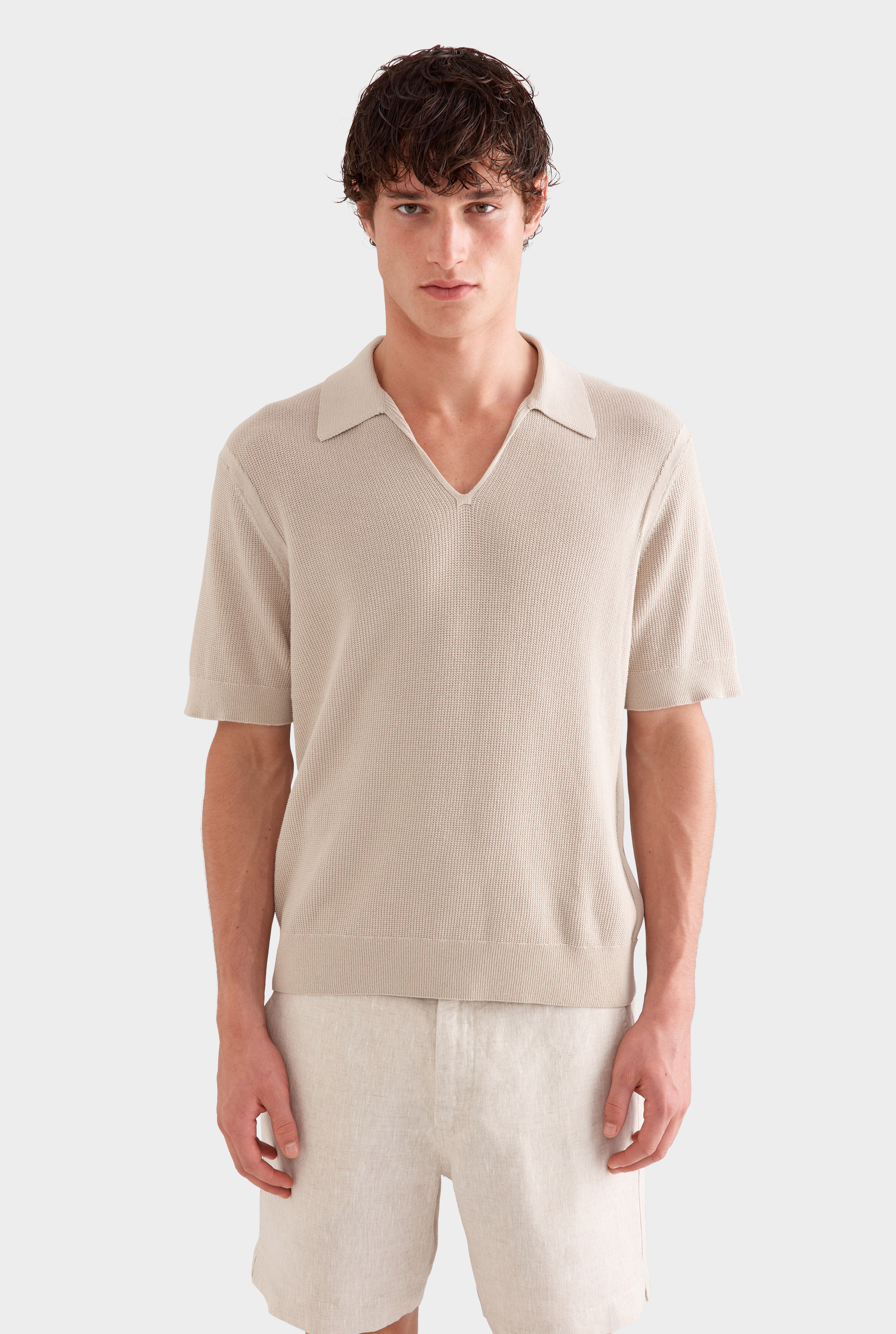 Textured Cotton Open Neck Shirt - Taupe