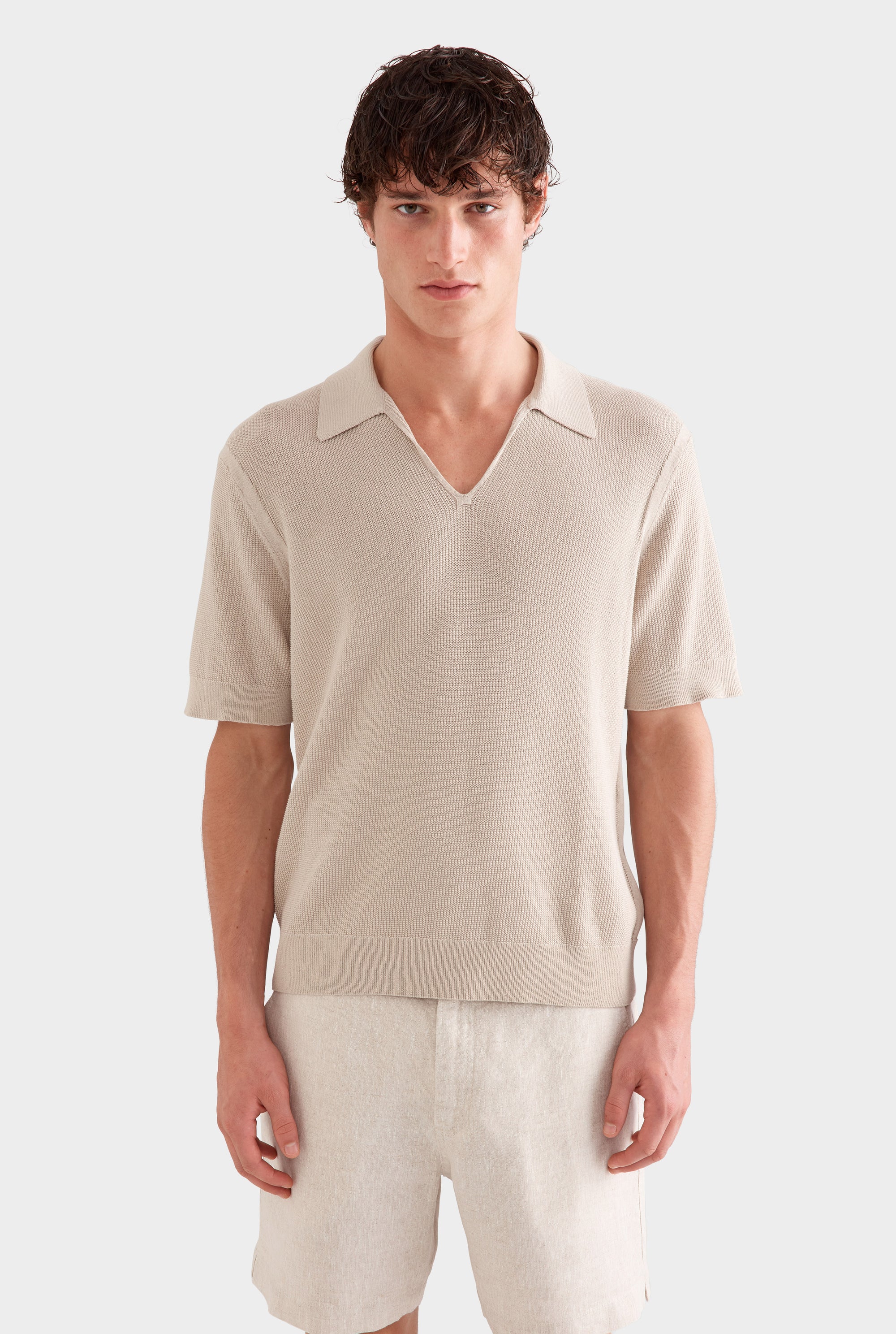 Textured Cotton Open Neck Shirt - Taupe