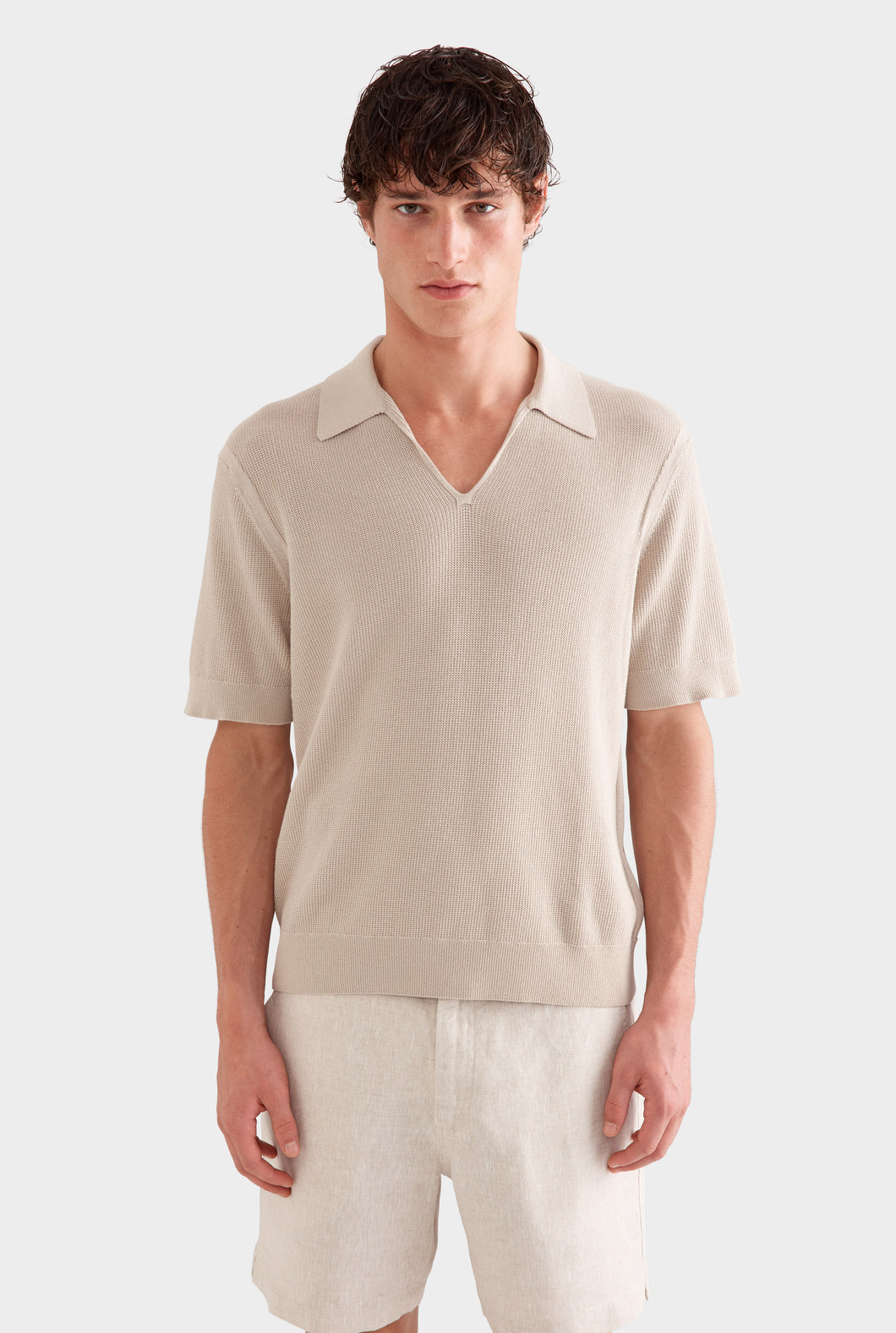 Textured Cotton Open Neck Shirt - Taupe