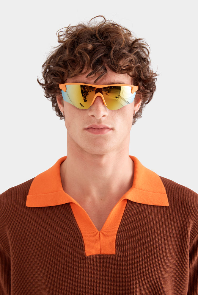 Contrast Open Neck Cotton Polo - Chocolate/Bright Orange