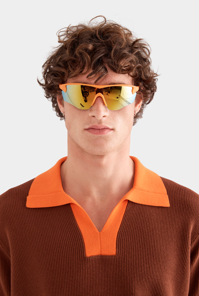 Contrast Open Neck Cotton Polo - Chocolate/Bright Orange